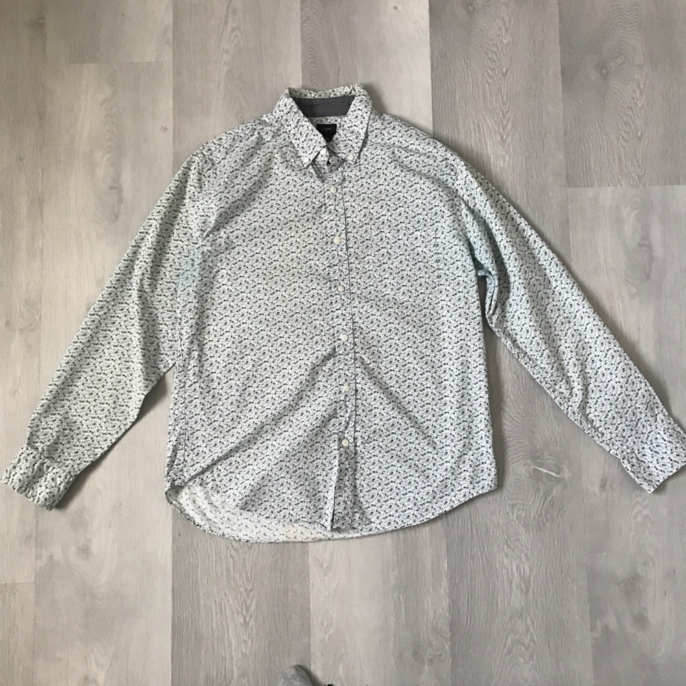 J CREW MENS SHIRT FLORAL WHITE BLUE BUTTON DOWN LONG SLEEVE LARGE